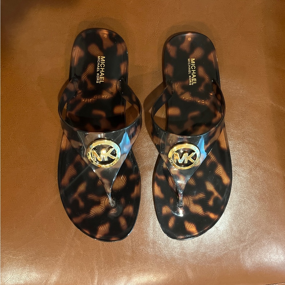Michael Kors Tortoise Shell Slides with Gold Logo